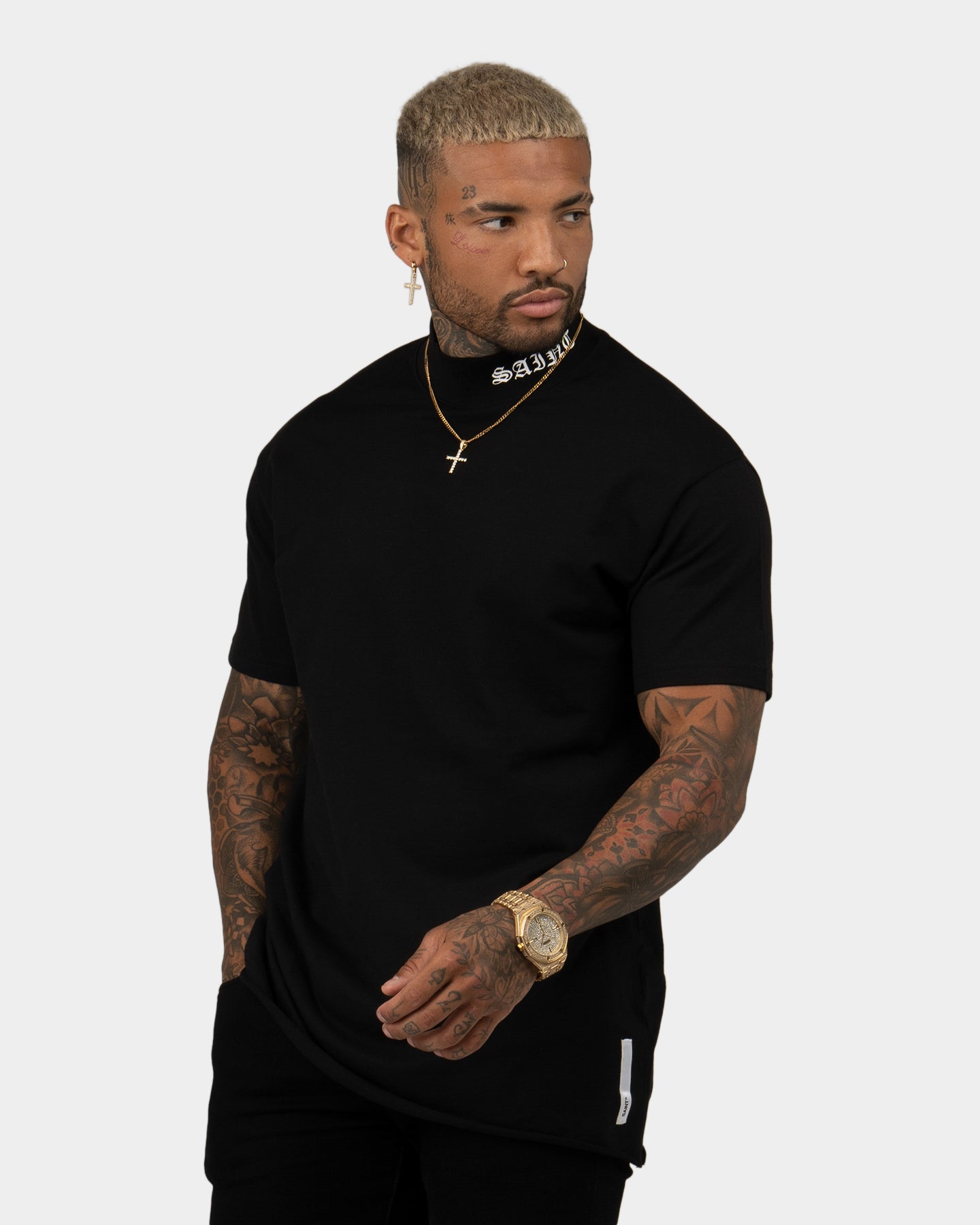 Saint Morta Old English Mock Neck T-Shirt Black/White