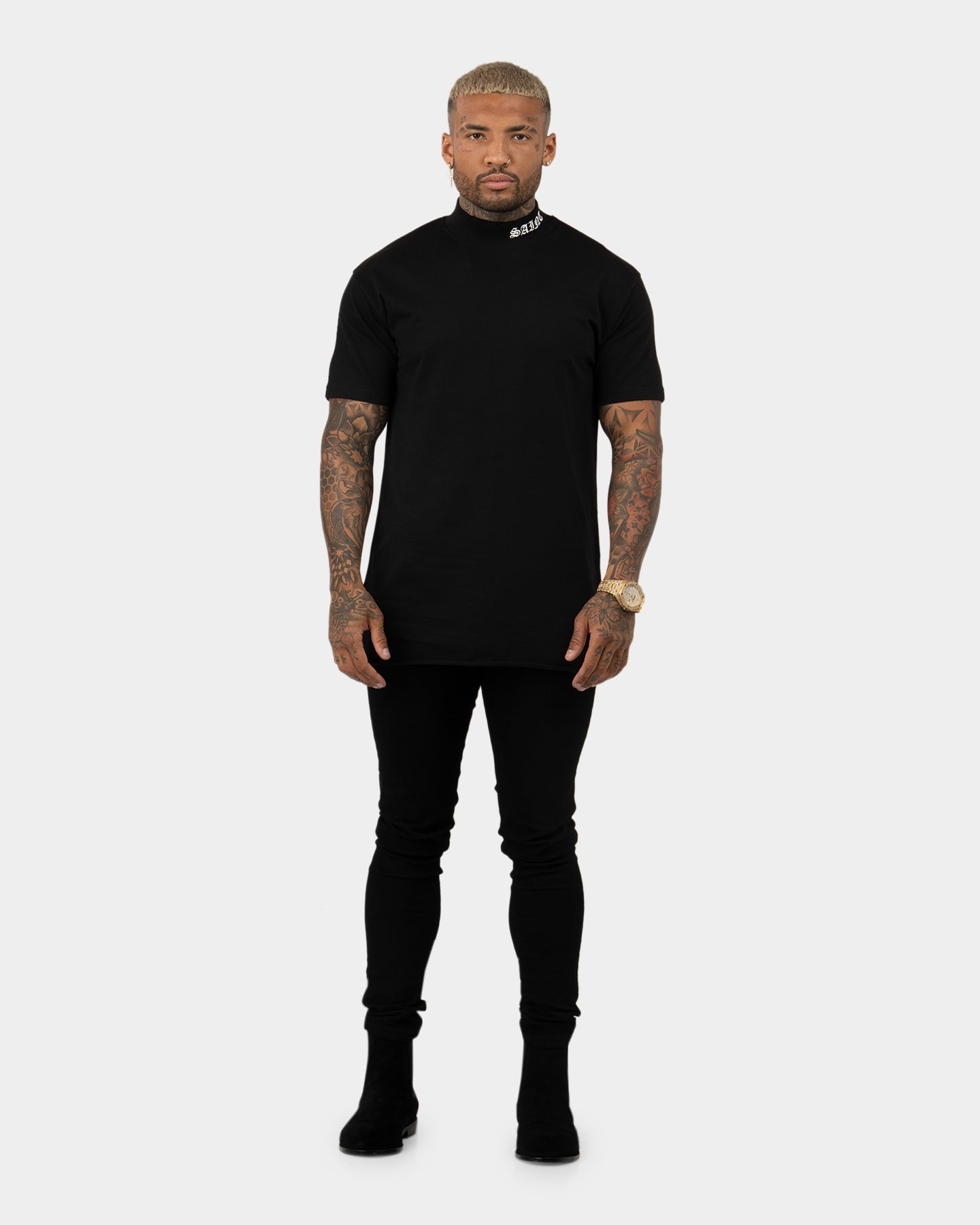 Saint Morta Old English Mock Neck T-Shirt Black/White