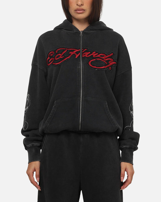 Ed Hardy Women's Rose Zip Hoodie Washed Black