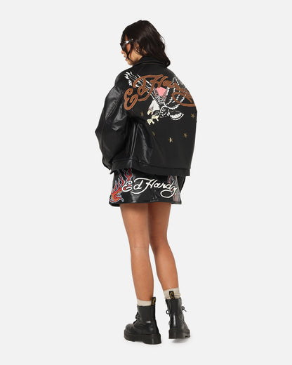 Ed Hardy Women's Vegan Leather Bomber Jacket Black