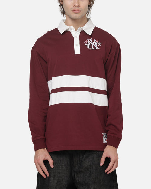 Mitchell & Ness New York Yankees Roses Rugby Long Sleeve Polo Shirt Sour Cherry