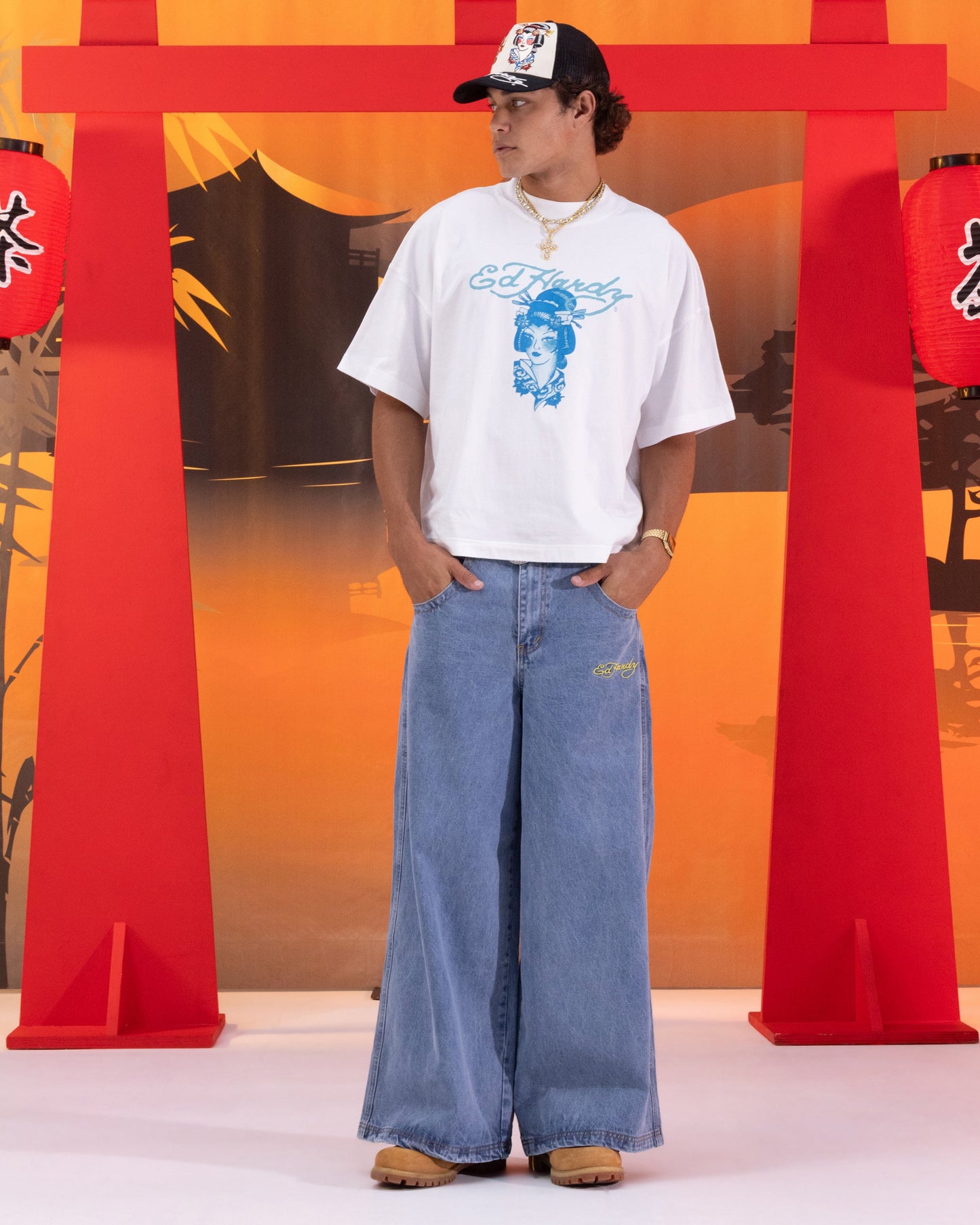 Ed Hardy Ultra Wide Leg Denim Jeans Light Wash Blue